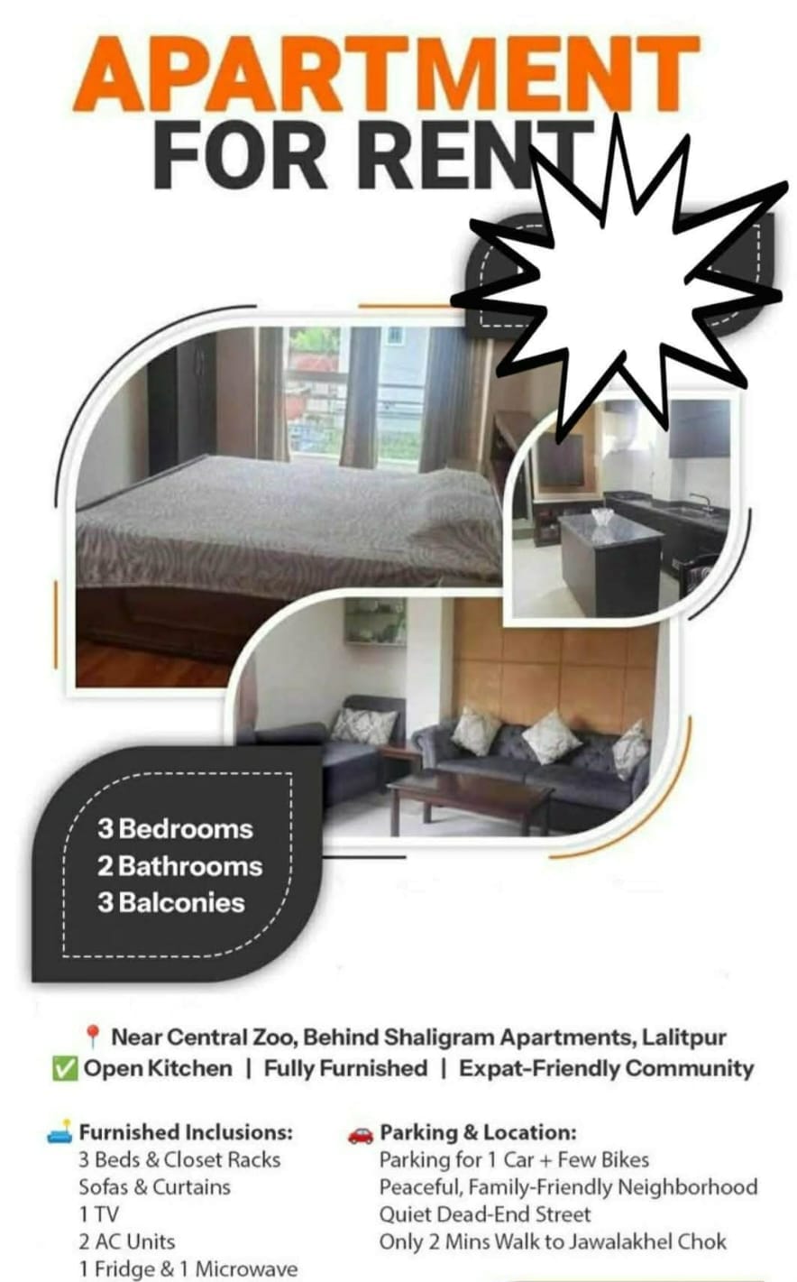 3 BHK Apartment for rent Near national zoo Jwalakhel